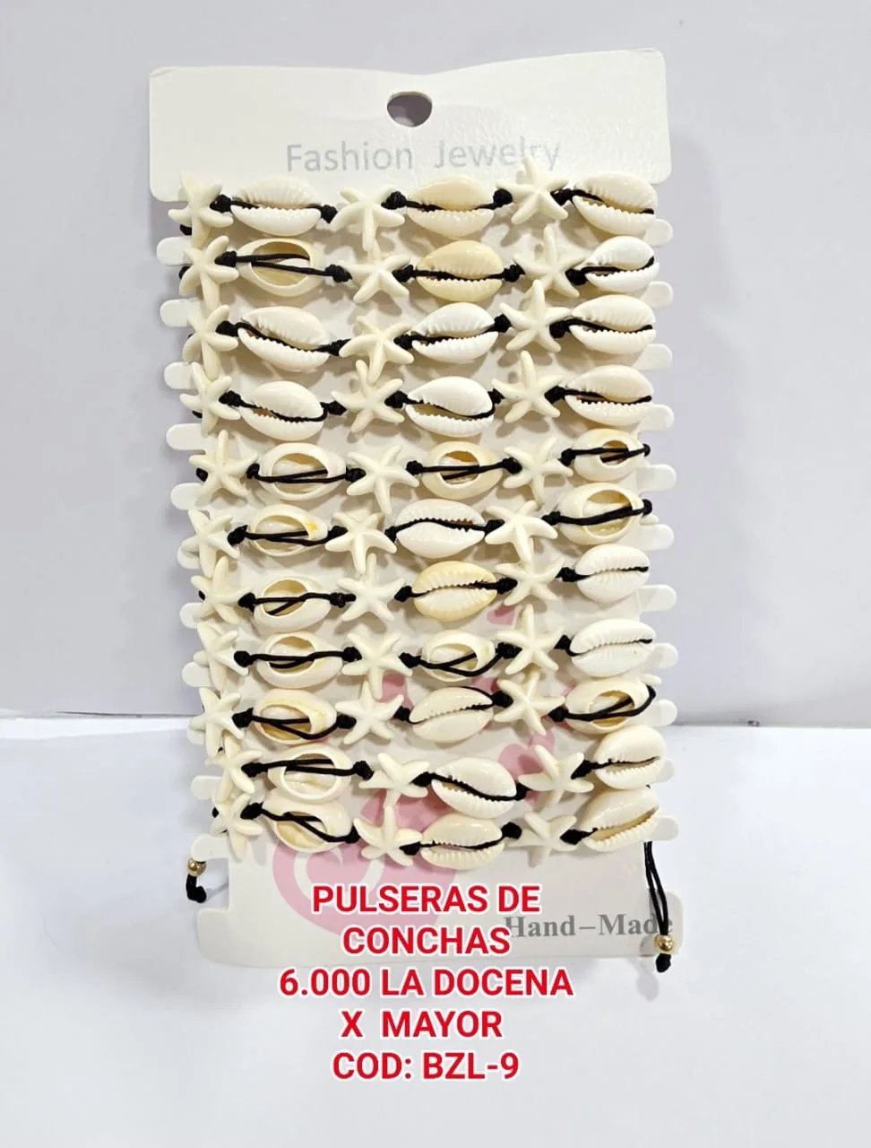 Pack 12 Pulsera Veraniega Marinera de Hilo Negro con Conchas Cauri y Estrellas de Mar