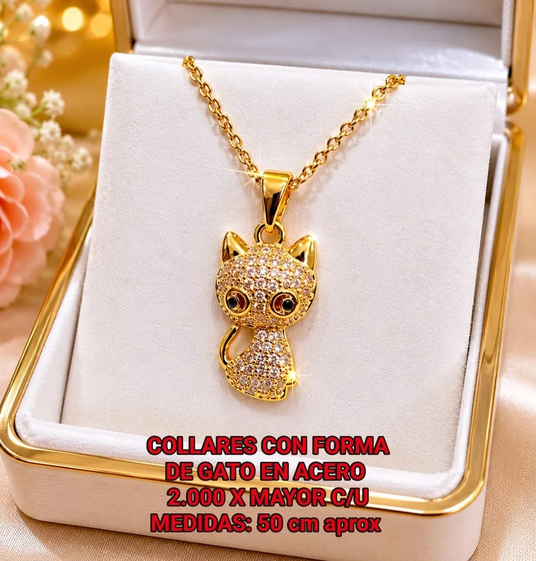 Collar con Forma de Gato en Acero - Gato con piedras y ojos negros