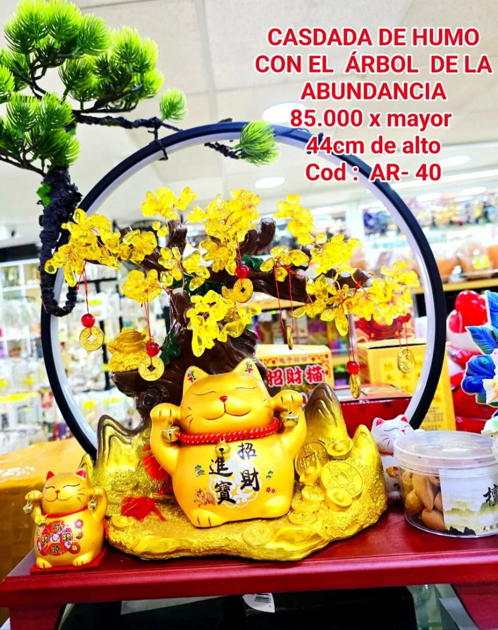 Estatua Gato de la Suerte + Cascada de Humo Arbol de la Abundancia