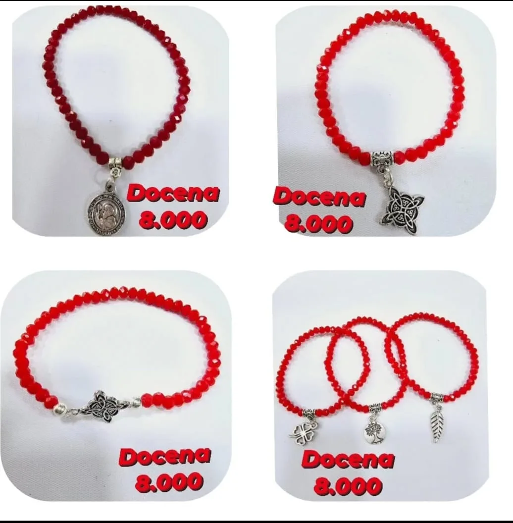 Pack 12 Pulsera Elasticada de Cristales Facetados Rojos con Dijes Místicos y Religiosos en Plata Envejecida