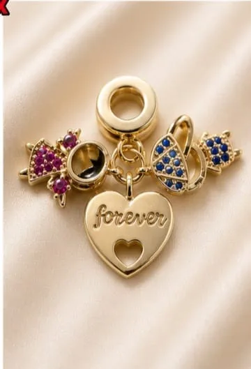 Charm en Rodio - Corazon forever y dijes multicolor (mariposa, corazon, estrellas)