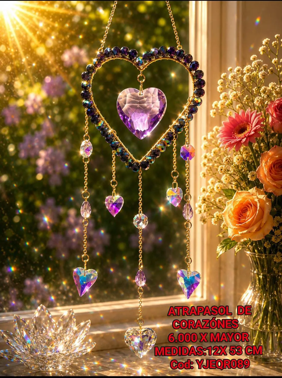 Atrapasoles Corazón Amatista Místico con Perlas de Cristal, Prisma Central y Cadenas con Dijes de Corazón