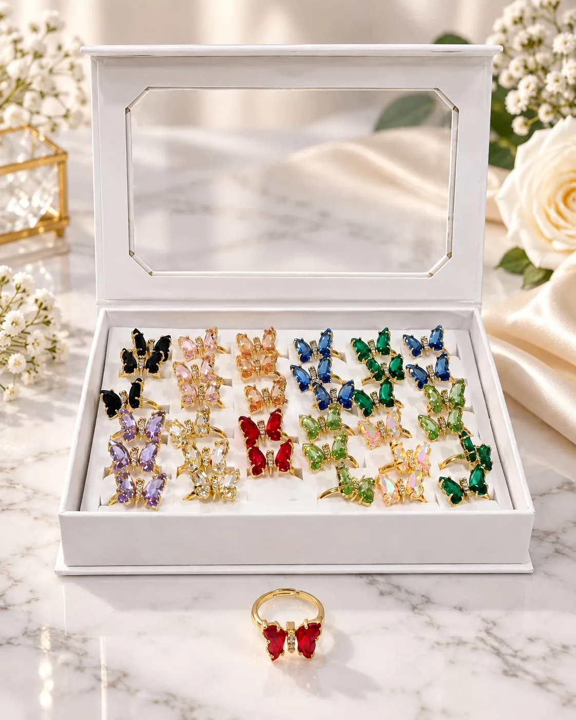 Caja Surtida de Anillos Mariposa 36 Unidades