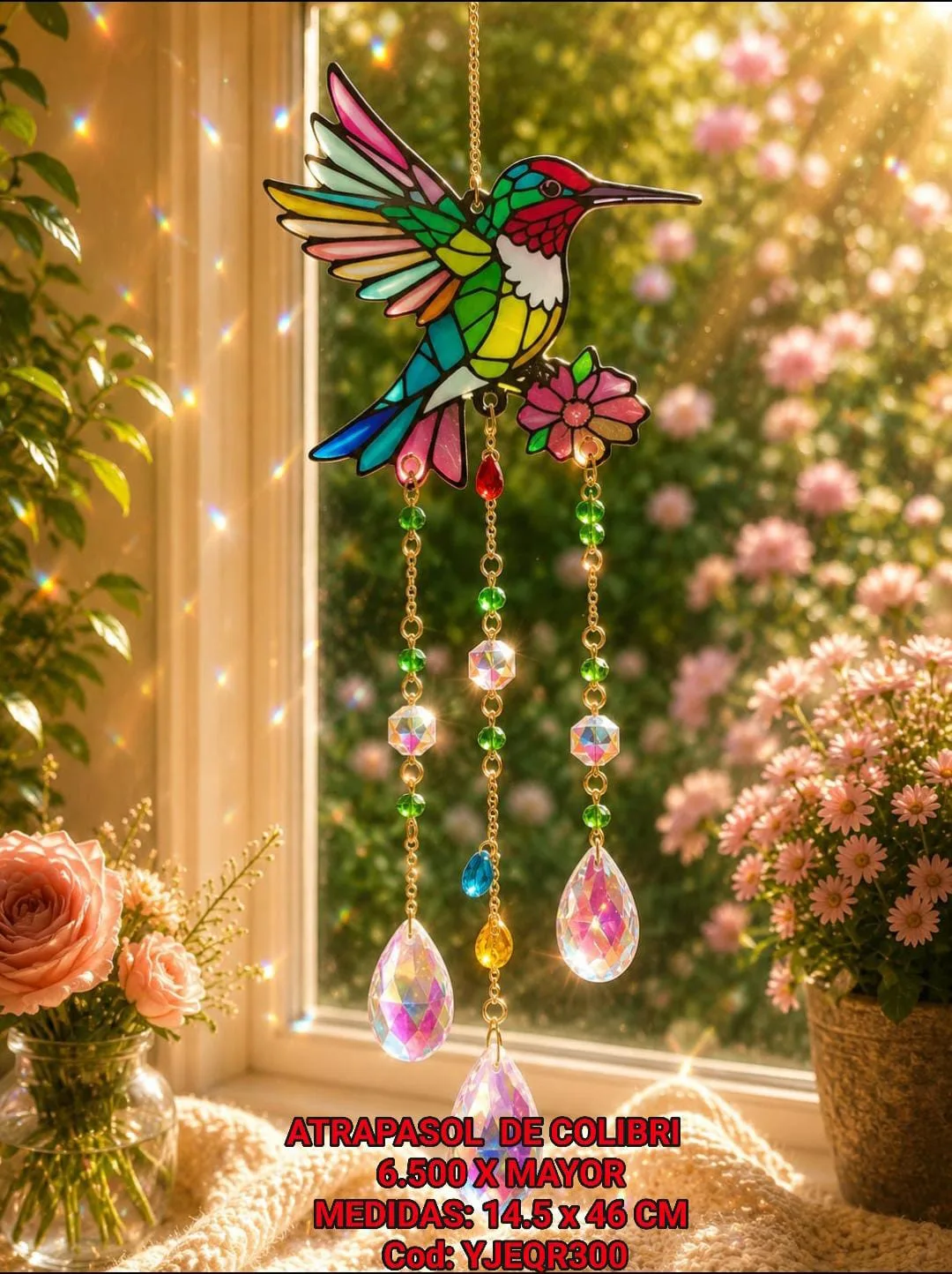 Atrapasoles Colibrí Multicolor y Flor Estilo Vitral con Tres Lágrimas Prismáticas