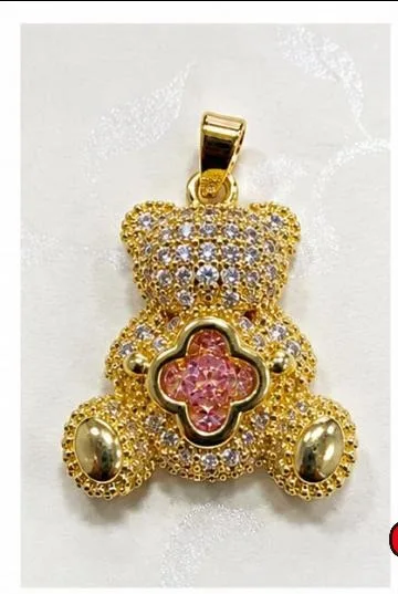 Colgante de Rodio - Osito con piedra rosada tipo trébol