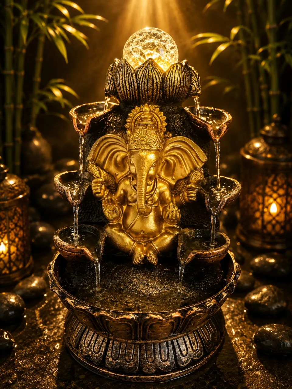 Fuente De Agua Ganesha Cascada Esfera Cristal Luz Led Zen