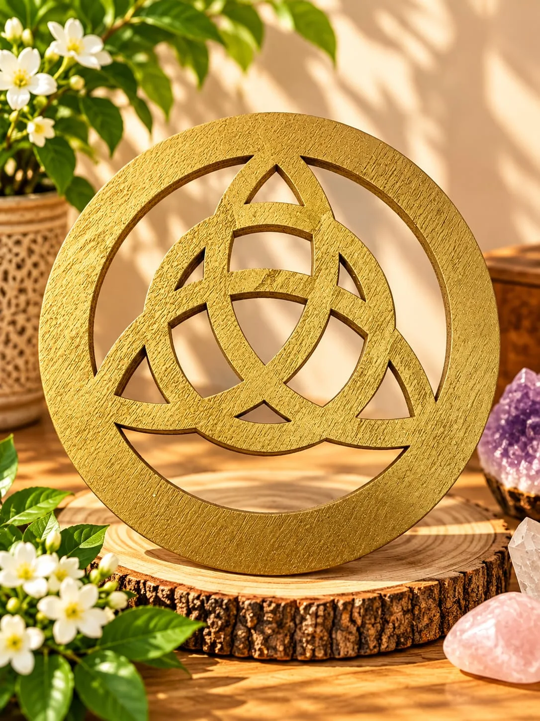 Rejilla de Madera Triquetra Dorada 12x12 cm