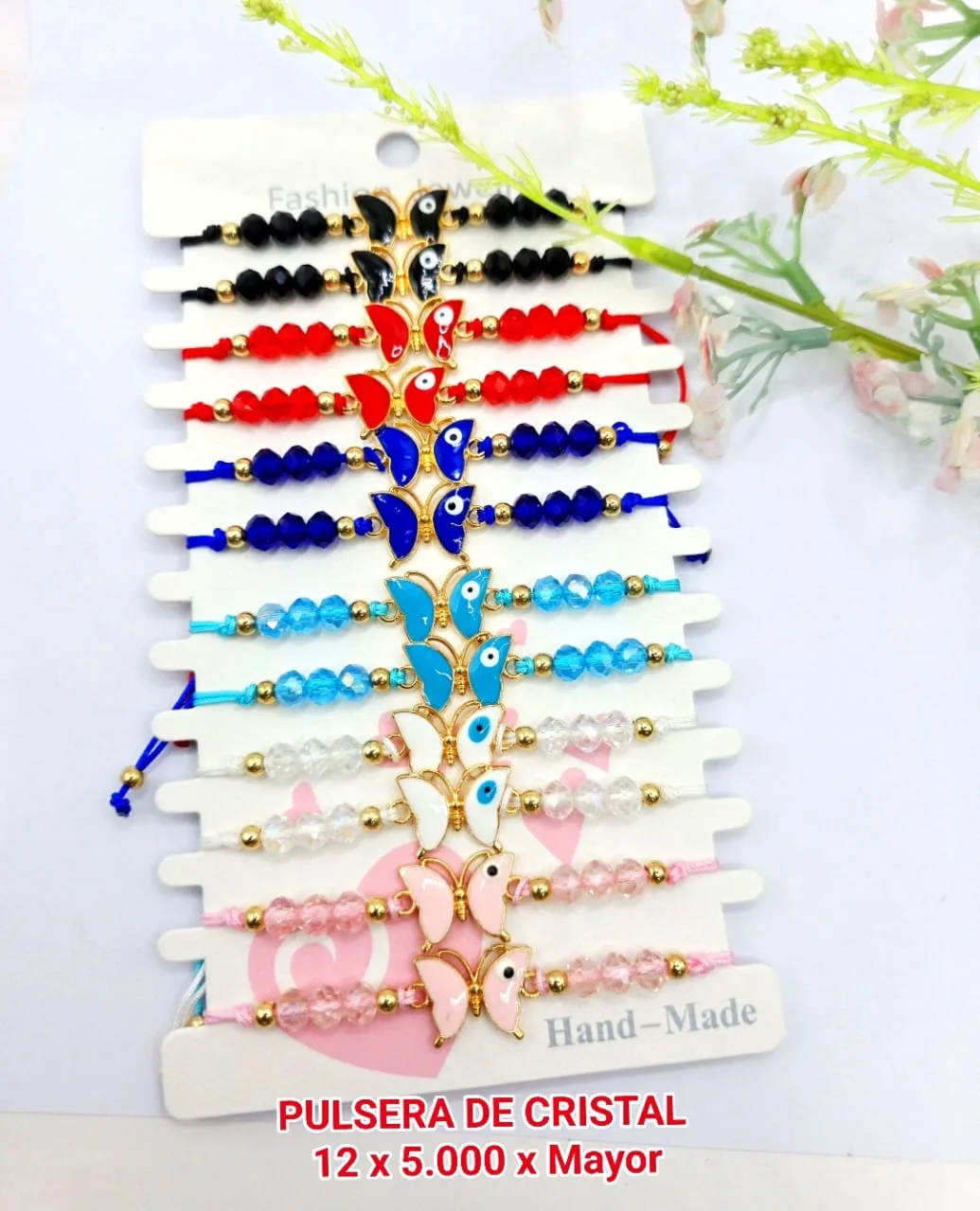 Pack 12 Pulsera de Cristales Facetados Multicolores con Dije Central de Mariposa Esmaltada Ojo Turco