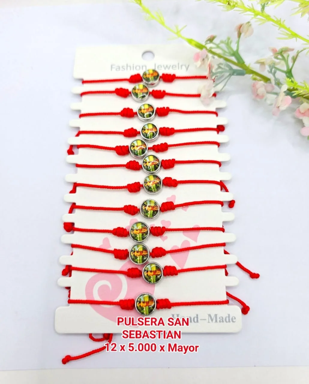 Pack 12 Pulsera Devocional de San Sebastián en Cordón Rojo con Medalla Resinada Central