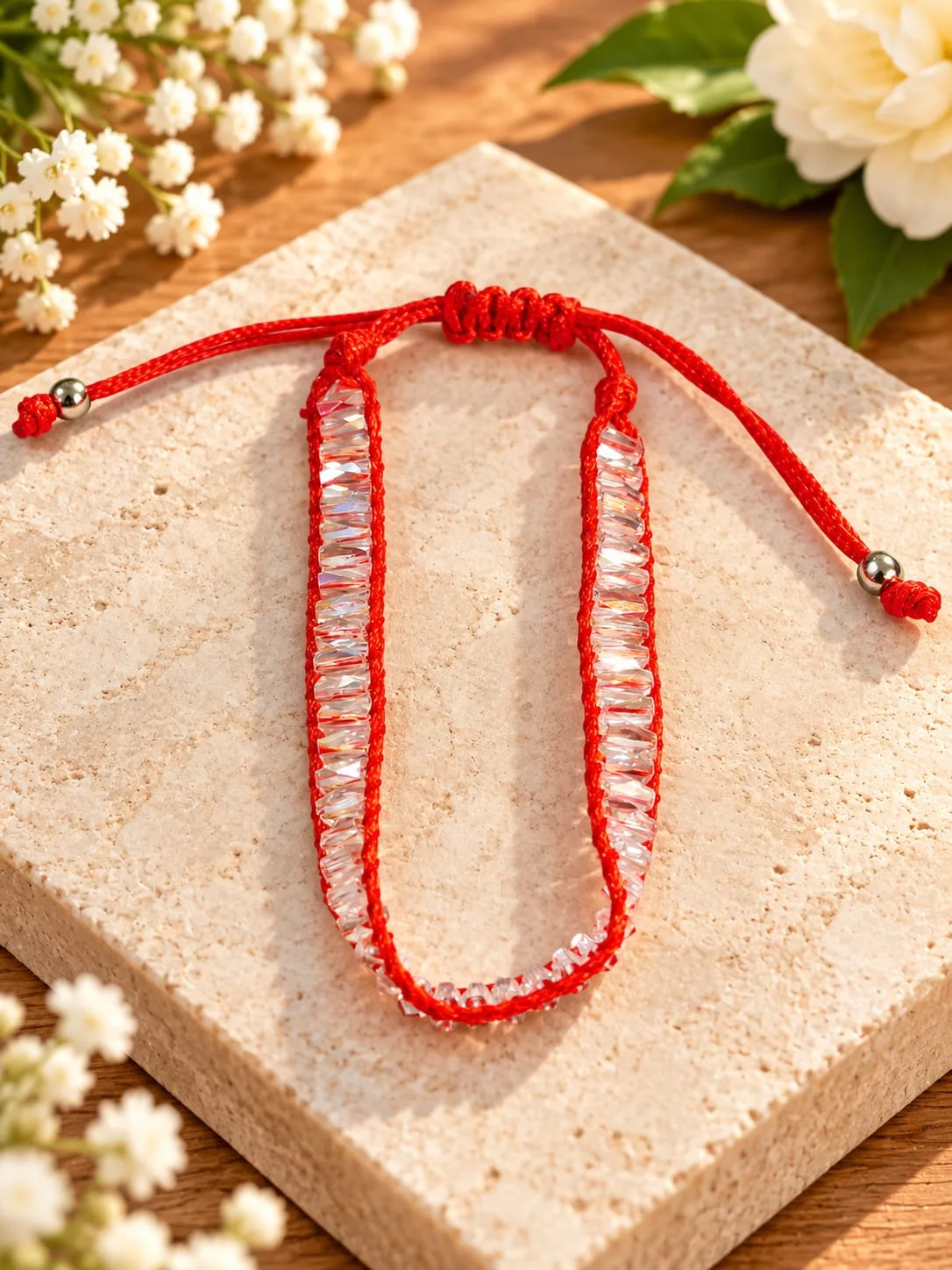 Pulsera de Cristal Transparente con Hilo Rojo