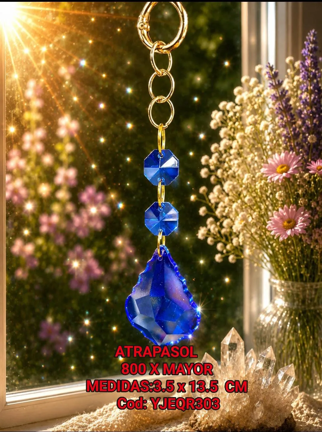 Atrapasoles Compacto de Cristal Azul Zafiro con Cuentas Facetadas y Gancho Dorado