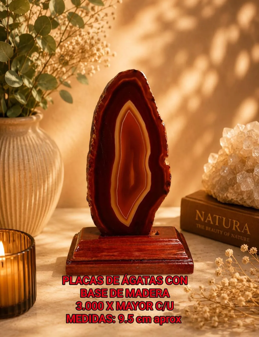 Placa de Ágata con Base de Madera (roja/naranja)