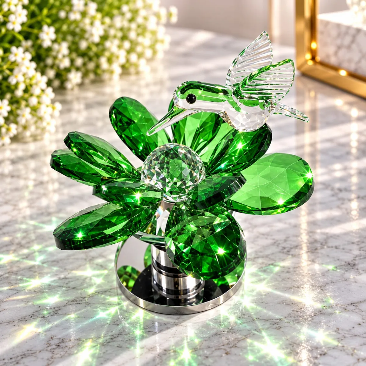 Flor de Loto con Colibrí Giratorio de Cristal (Verde)