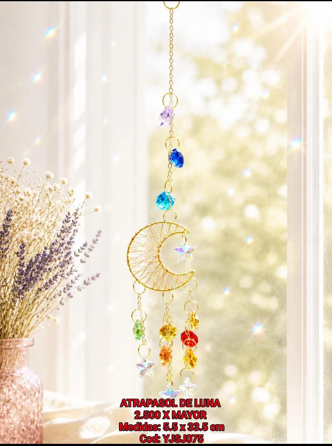 Atrapasoles Místico Luna Creciente Dorada 7 Chakras con Estrellas Iridiscentes