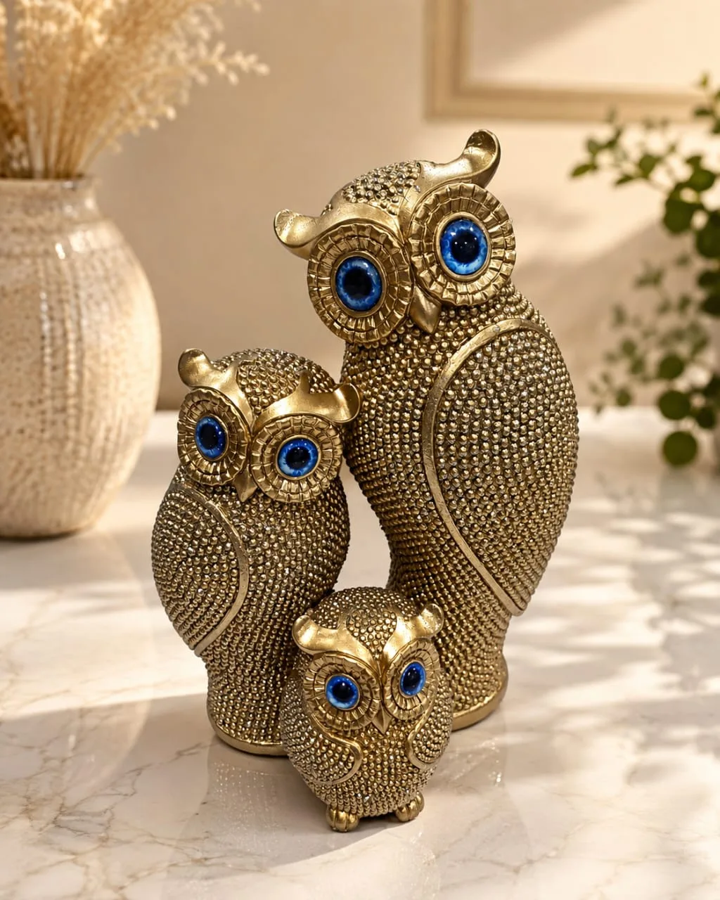 Familia de Búhos Decorativos (Bronce y Dorado)