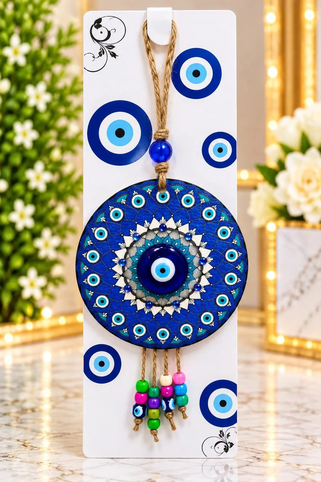 Colgante Mandala con Ojo Turco Azul Oscuro y Blanco