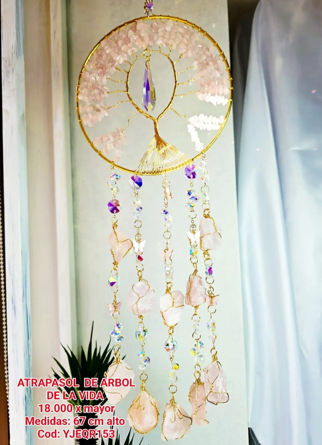 Atrapasoles Grande Árbol de la Vida con Gemas y Cuarzos Rústicos en Cuarzo Rosa