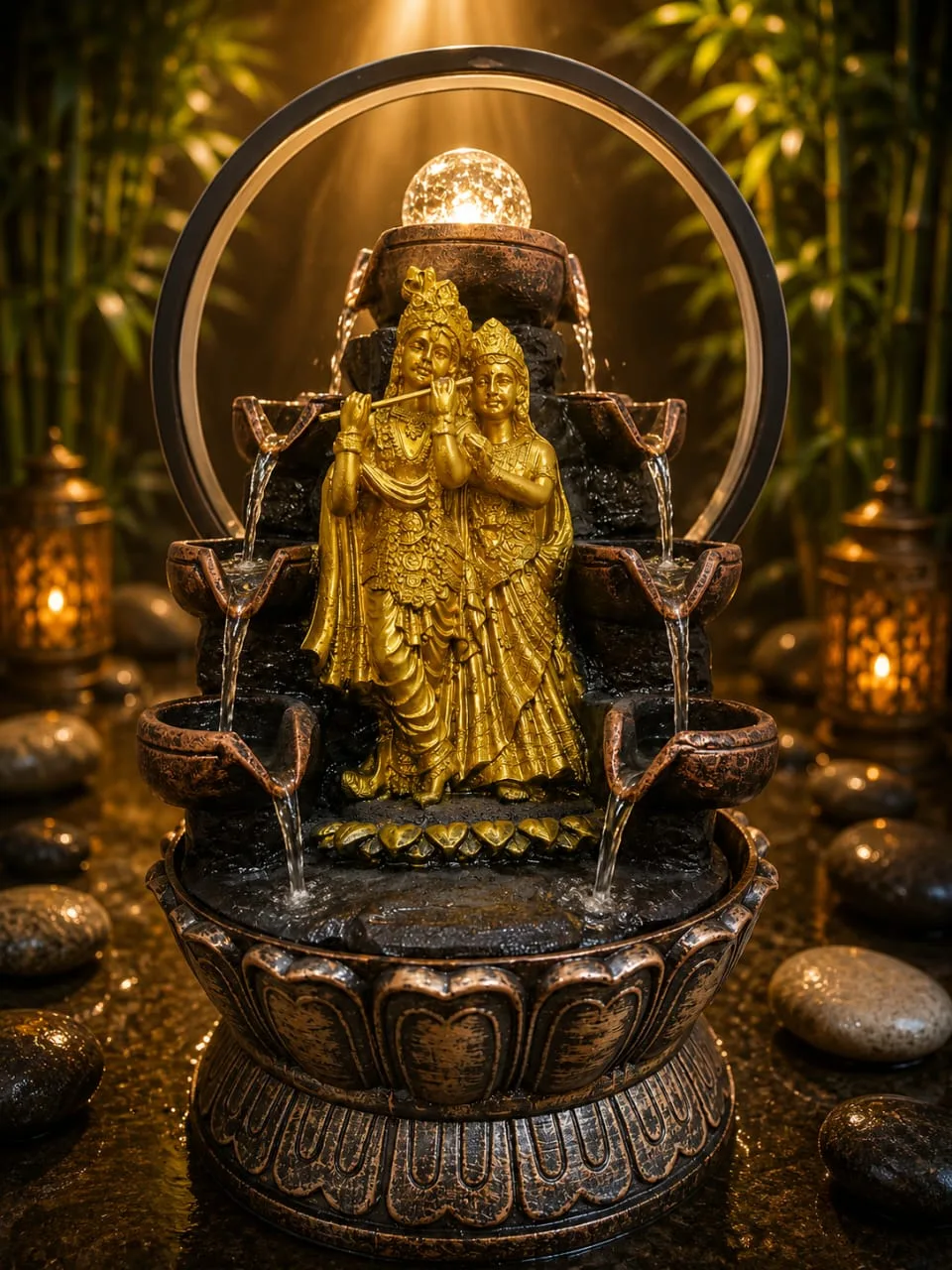 Fuente De Agua Radha Krishna Cascada Aro Luz Led Esfera