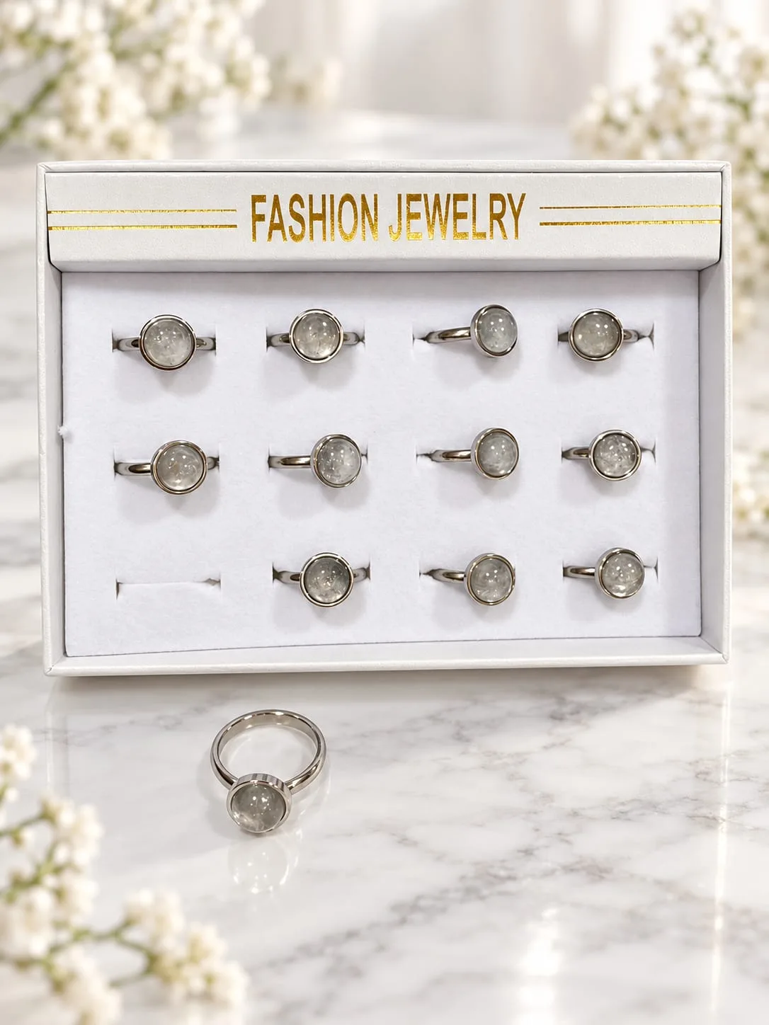 Caja de Anillos Ajustables de Acero con Cuarzo Cristal
