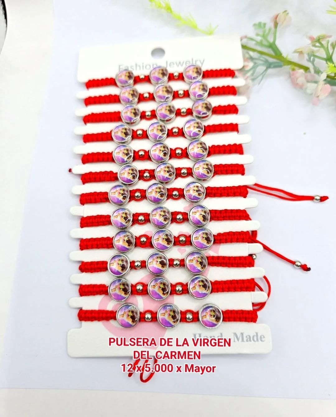 Pack 12 Pulsera Devocional de la Virgen del Carmen en Tejido Macramé Rojo con Cuentas de Imagen Resinada