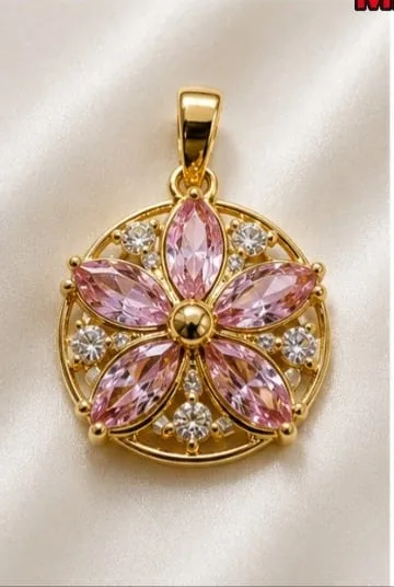 Colgante de Rodio - Flor rosada con circonias