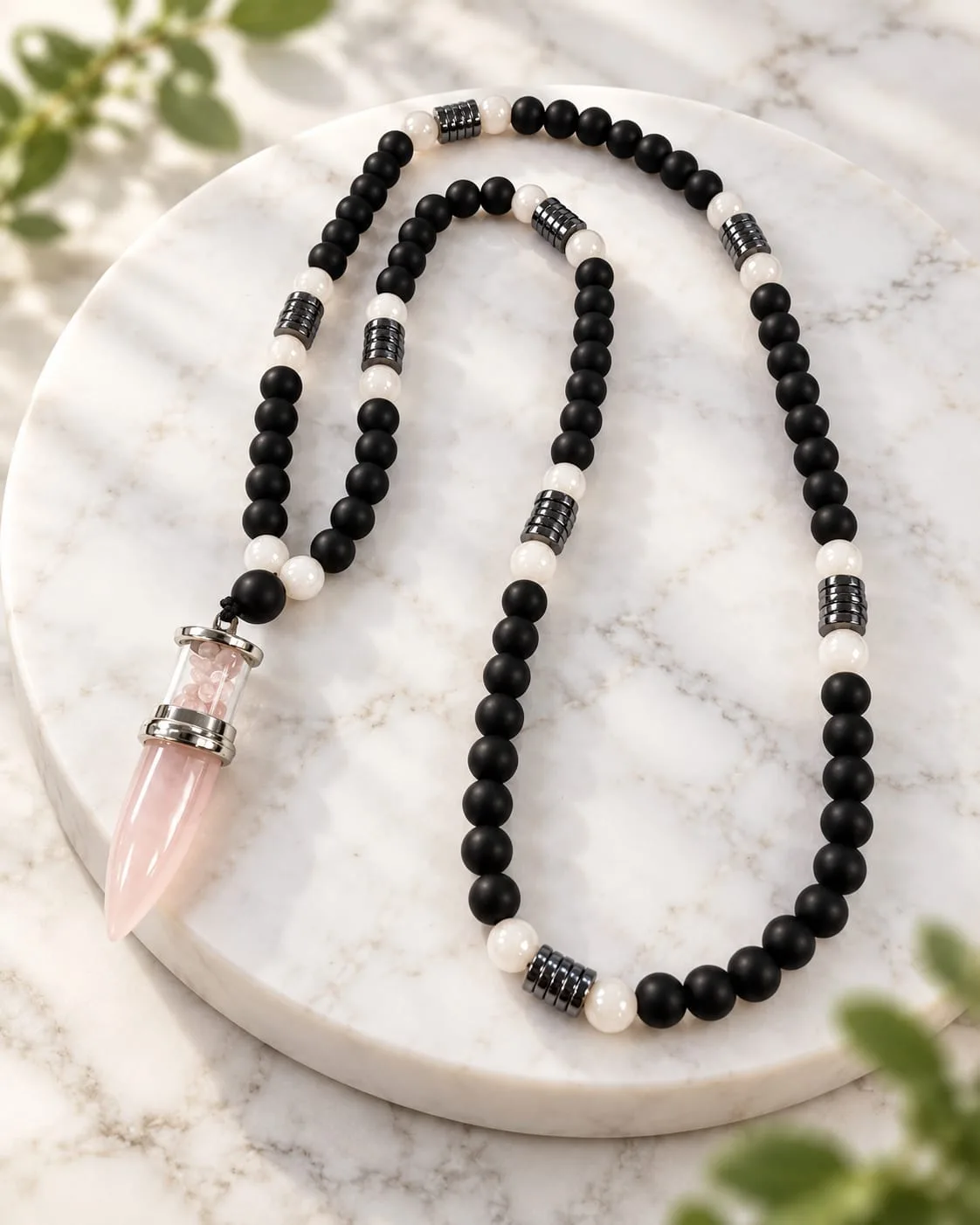 Collar de Cuarzo Rosado con Ónix Opaco
