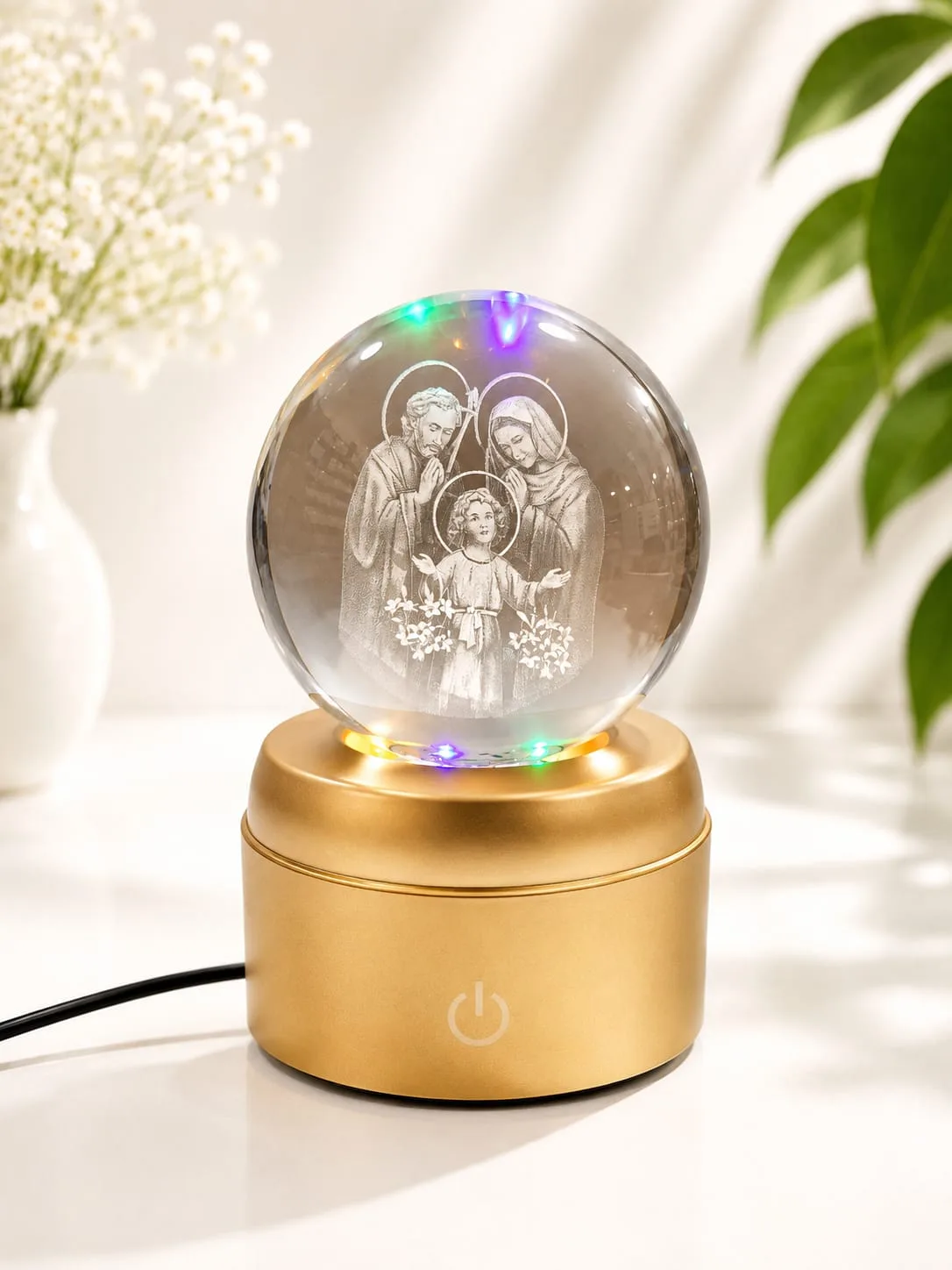Lampara de Mesa Bola de Cristal Giratorio Sagrada Familia con Base Dorada