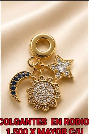 Colgante en Rodio - Charm luna, estrella y girasol con piedras