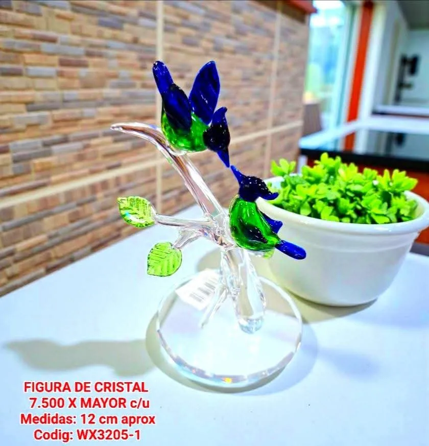 Figura de Cristal - colibríes azul y verde sobre rama