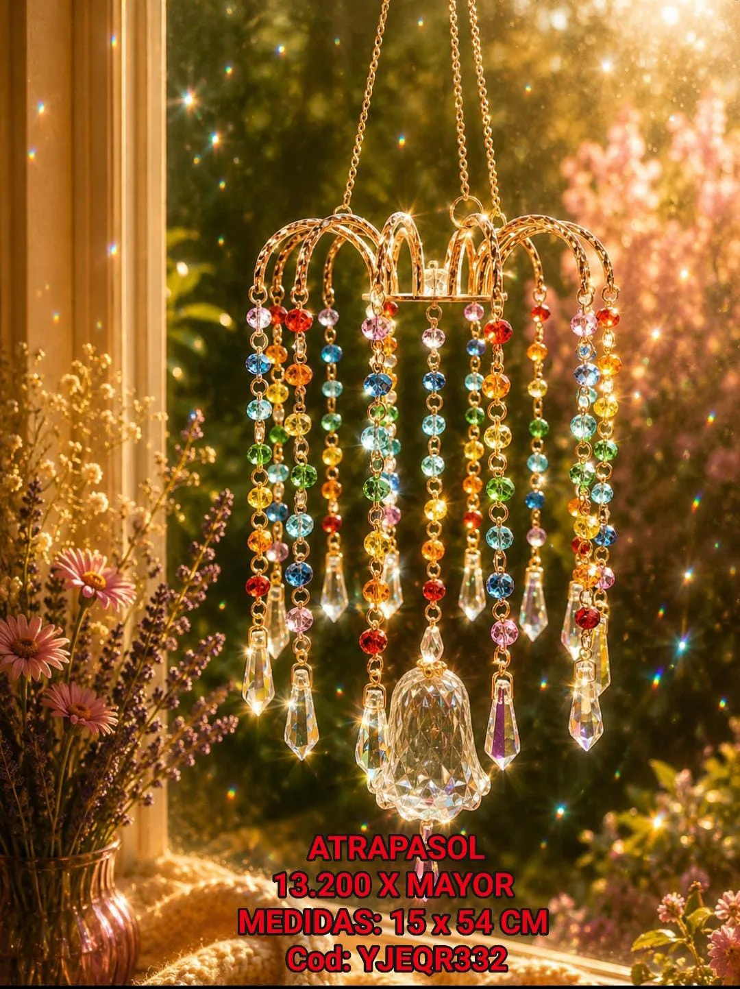 Atrapasoles Araña Candelabro Dorado con Cadenas de Cristales Arcoíris, Lágrimas Prismáticas y Campana Central
