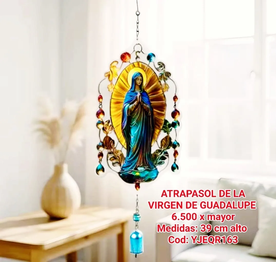 Atrapasoles Vitral Virgen de Guadalupe con Cristales de Colores y Campana