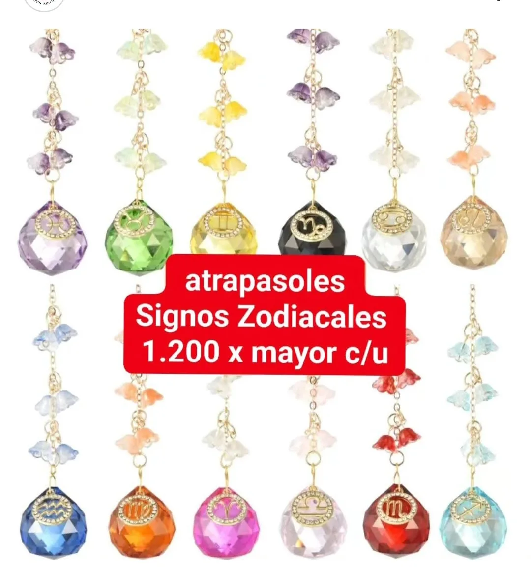 Atrapasoles Colección 12 Signos Zodiacales con Cadena Dorada, Flores de Campanita y Esfera Prismática