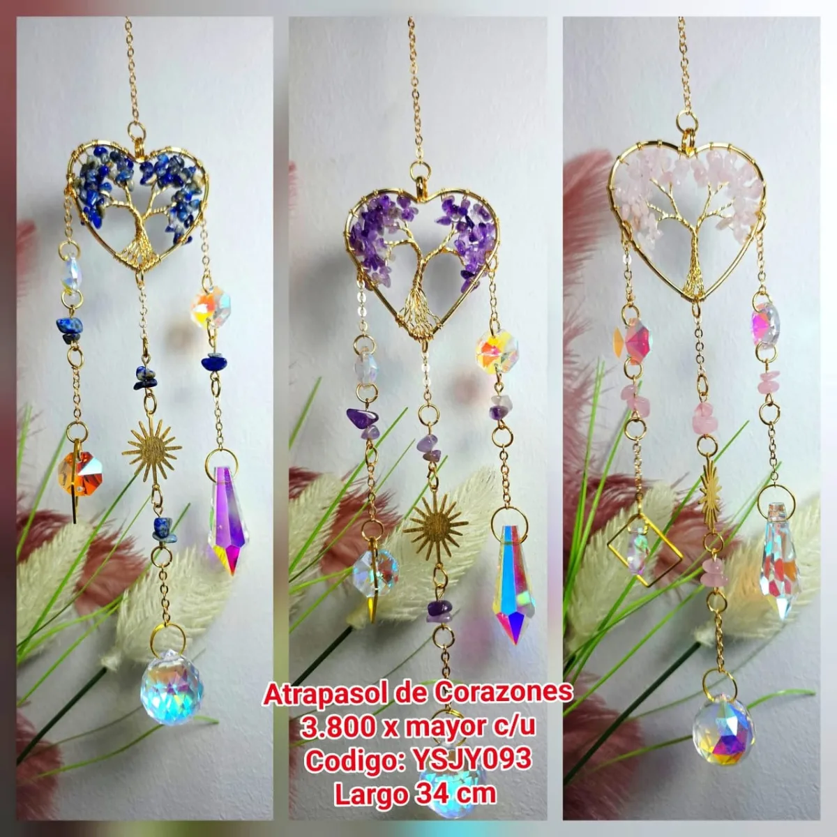 Atrapasoles Corazón Árbol de la Vida con Piedras Naturales, Dije de Sol y Esfera Facetada