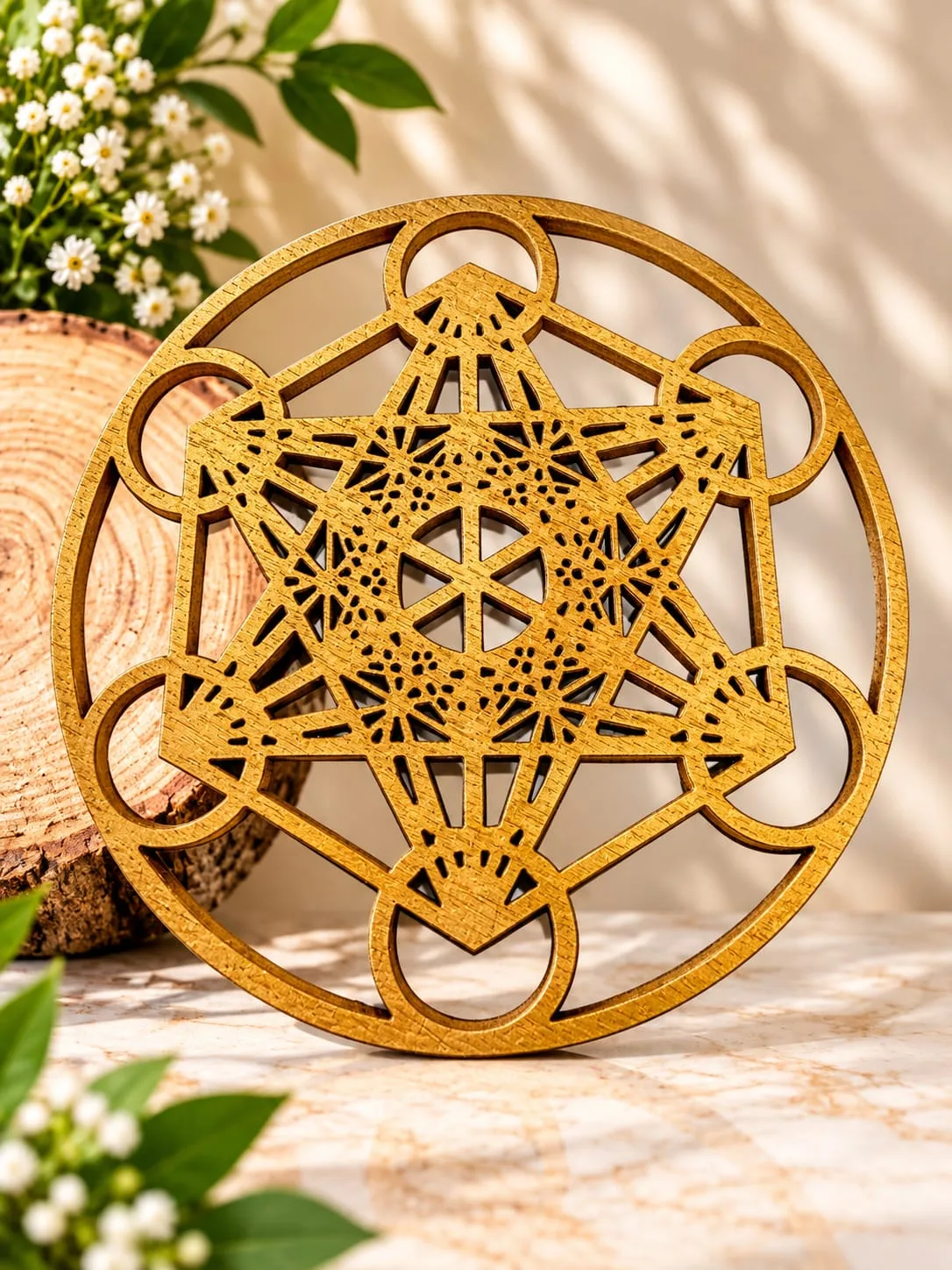 Rejilla de Madera Cubo de Metatrón Dorada 10x10 cm
