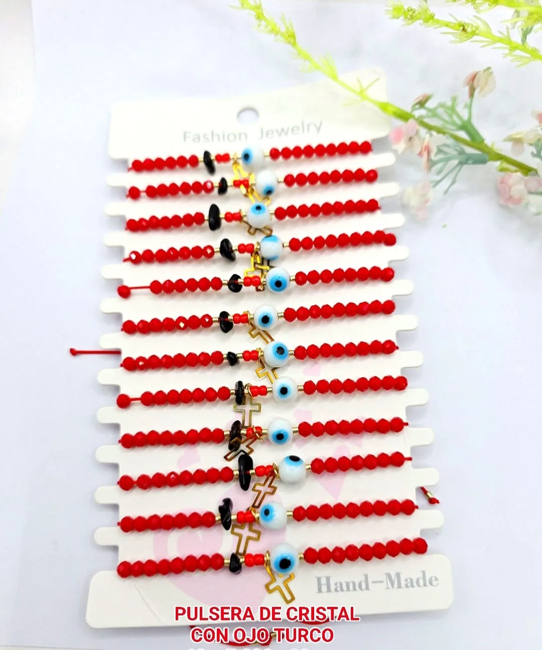 Pack 12 Pulsera de Cristales Facetados Rojos con Ojo Turco Celeste, Dije de Cruz Dorada y Piedra Chip Negra
