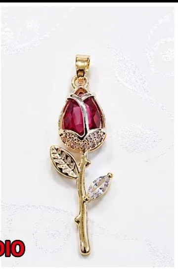 Colgante de Rodio - Rosa fucsia con hoja circonia