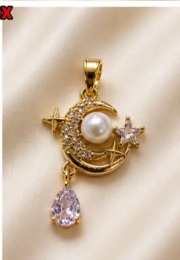 Colgante de Rodio - Luna con perla y estrellas
