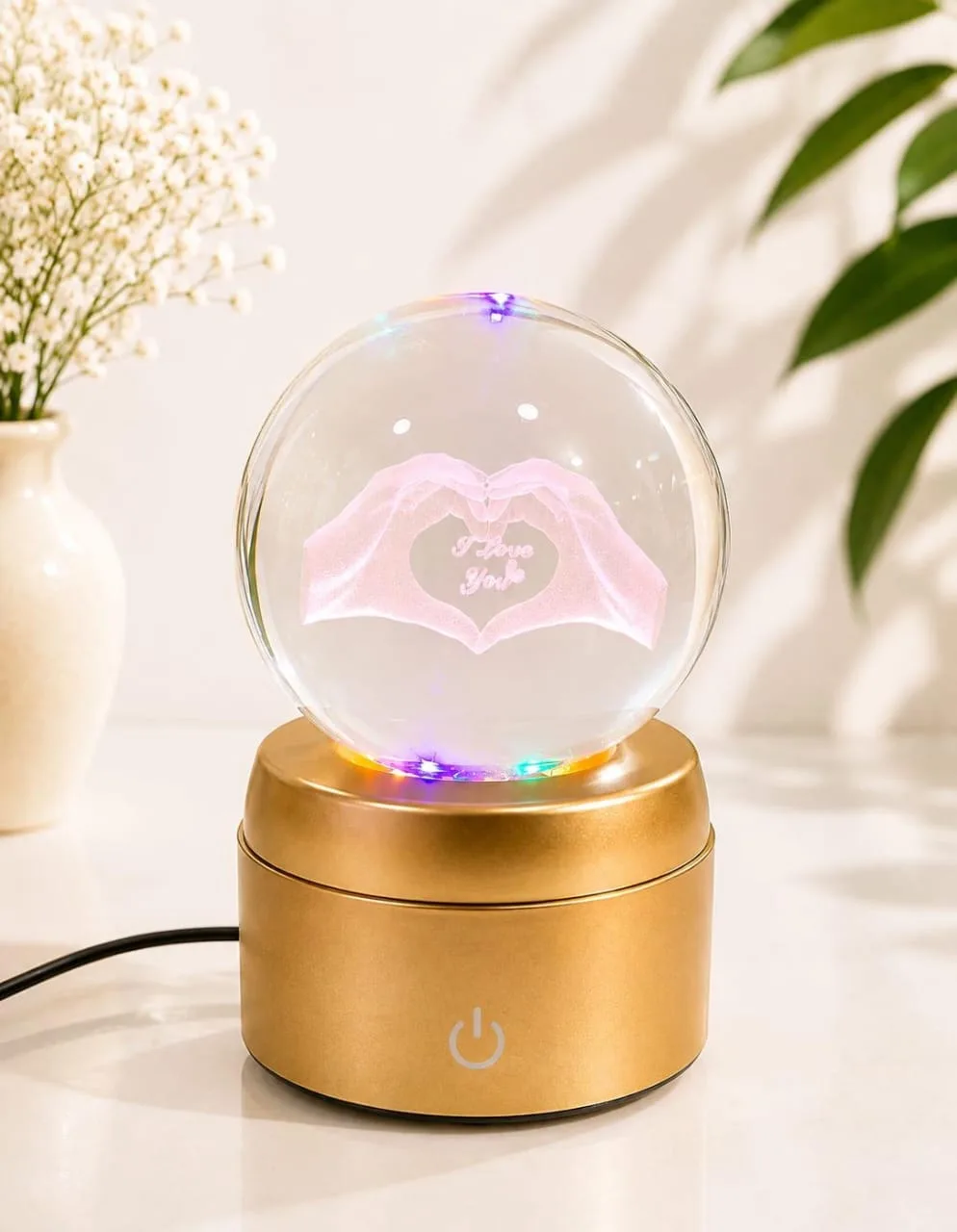 Lampara de Mesa Bola de Cristal Giratorio Corazon con Base Dorada