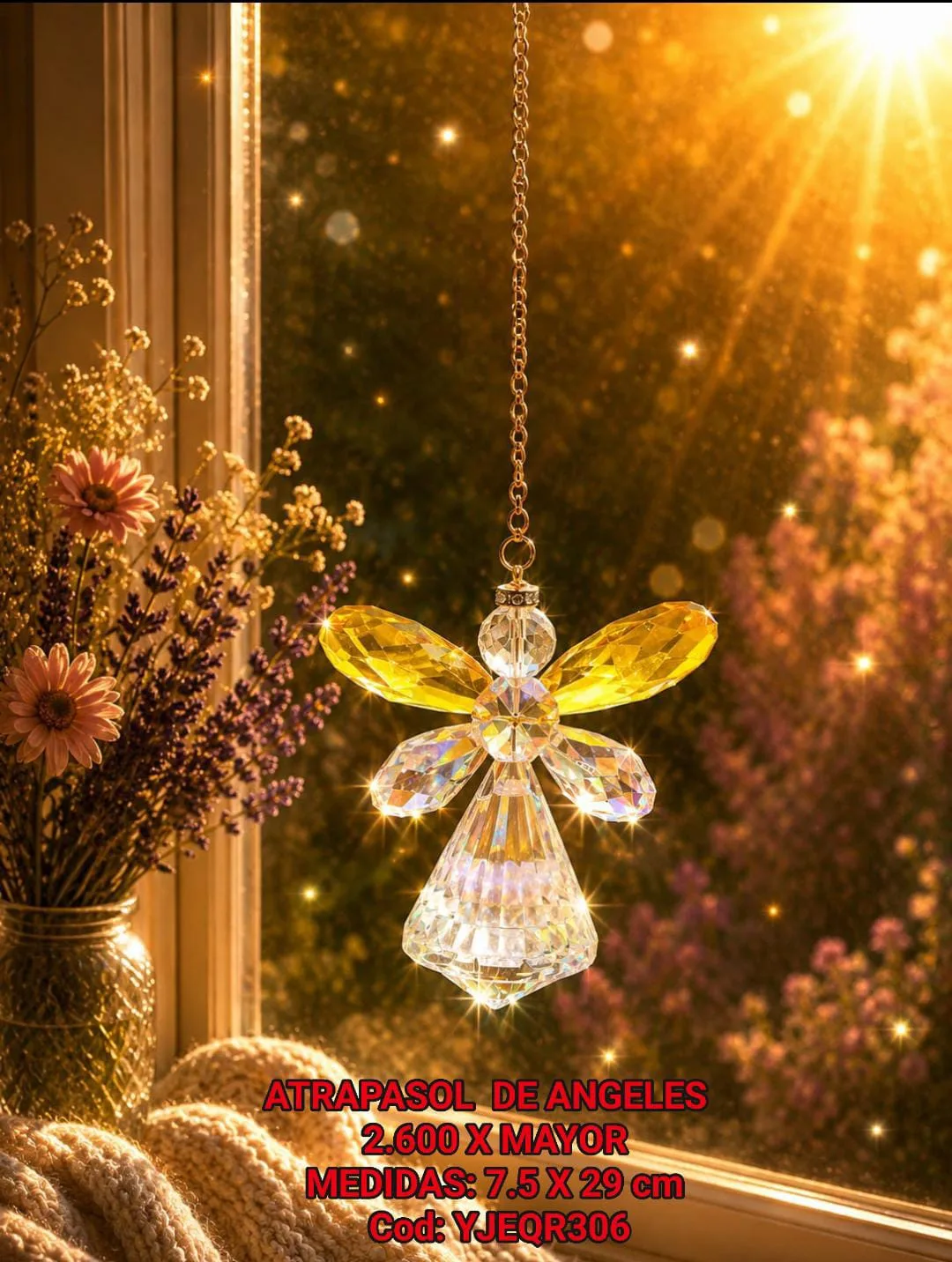 Atrapasoles Ángel Guardián de Cristal Facetado con Alas Amarillas y Prisma Irradiante