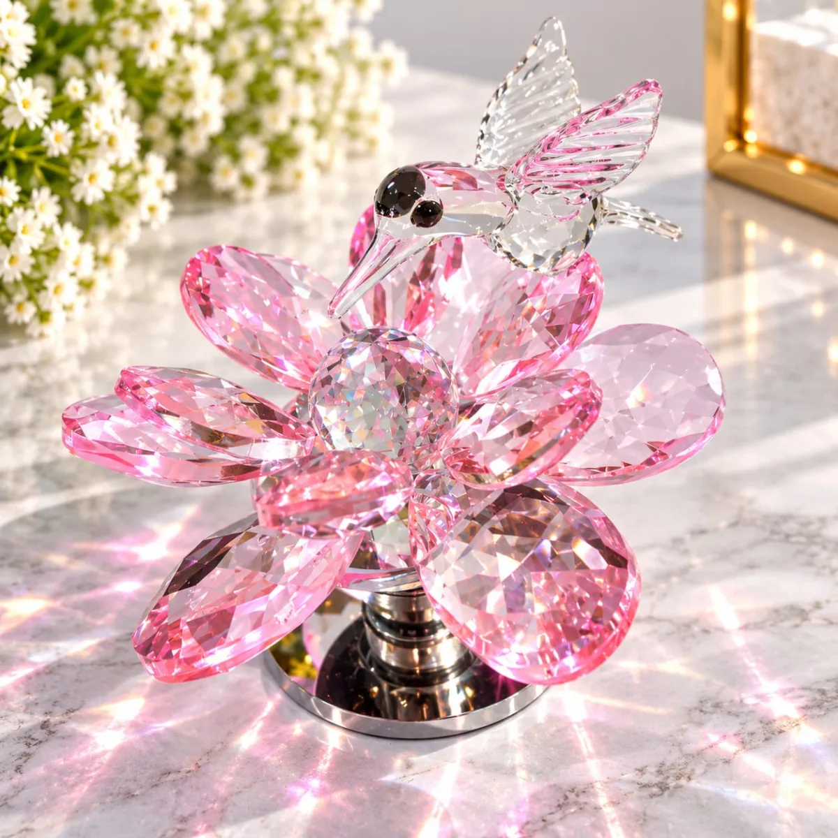 Flor de Loto con Colibrí Giratorio de Cristal (Rosado)