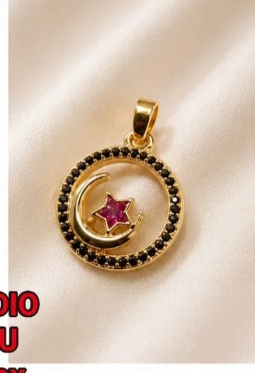 Colgante de Rodio - Círculo luna y estrella negro/rosa