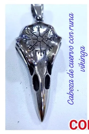 Colgante de Acero - Cabeza de cuervo con runa vikinga