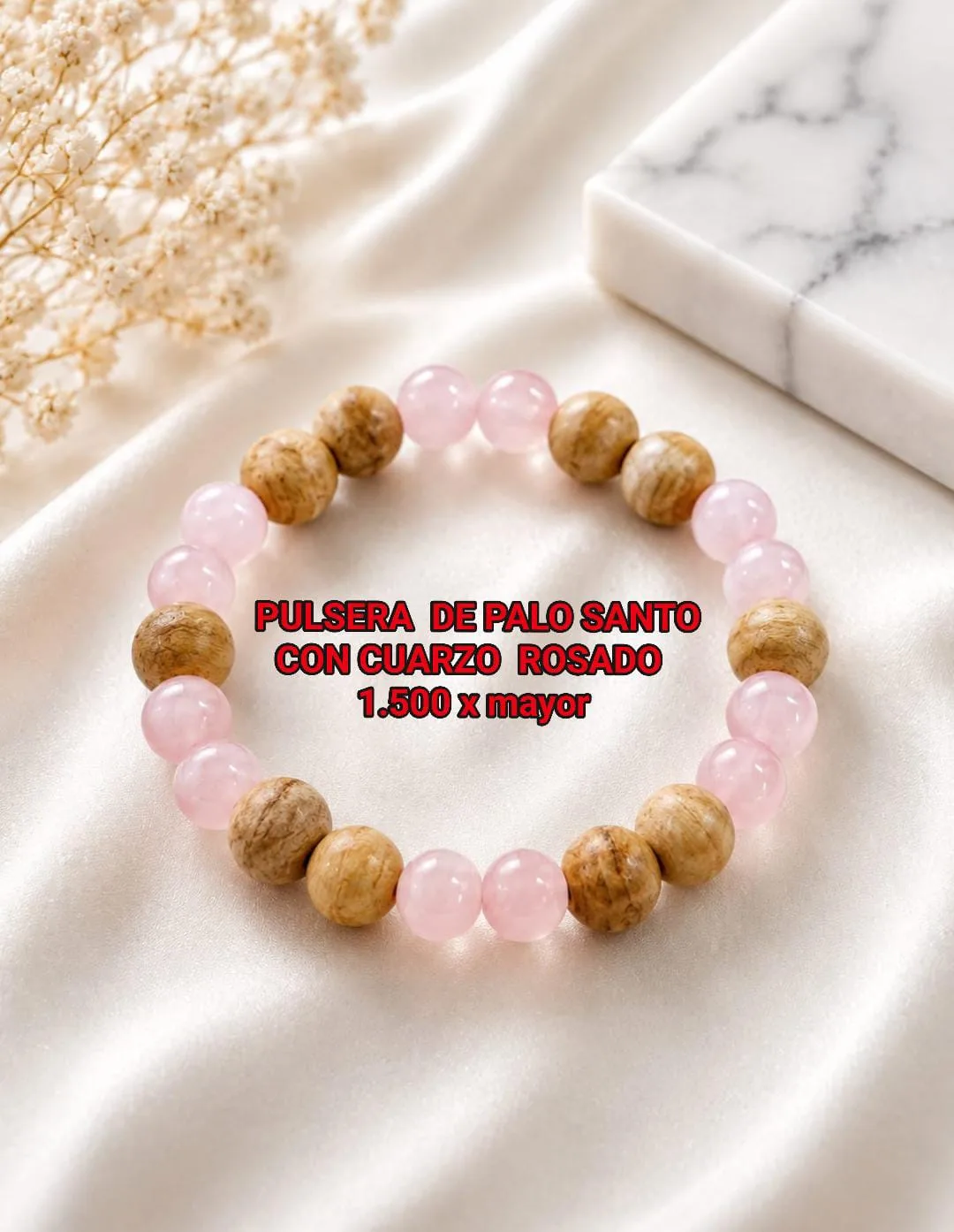 Pulsera de palo santo con cuarzo rosado