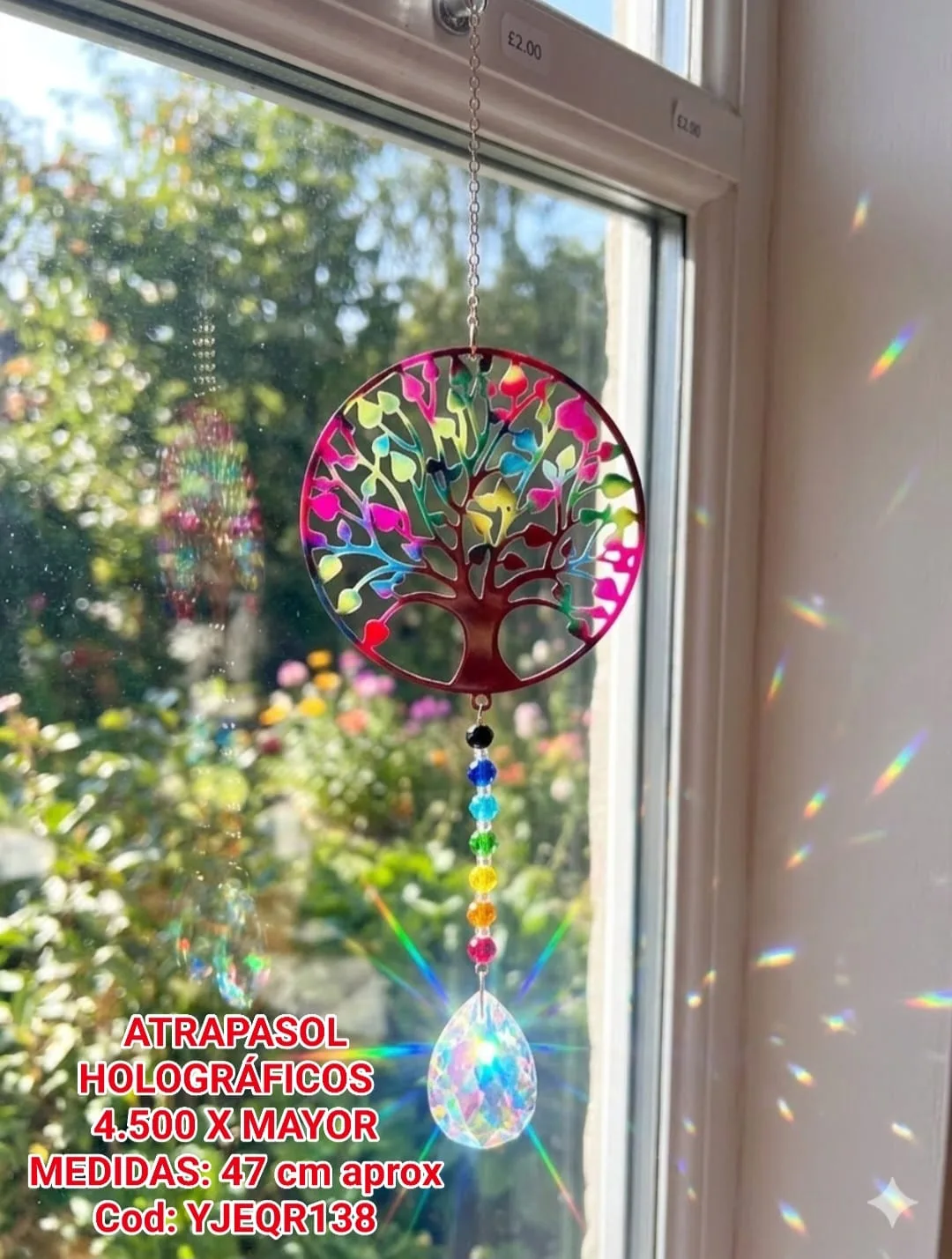 Atrapasoles Holográfico Árbol de la Vida Multicolor con Cuentas de 7 Chakras y Prisma Iridiscente