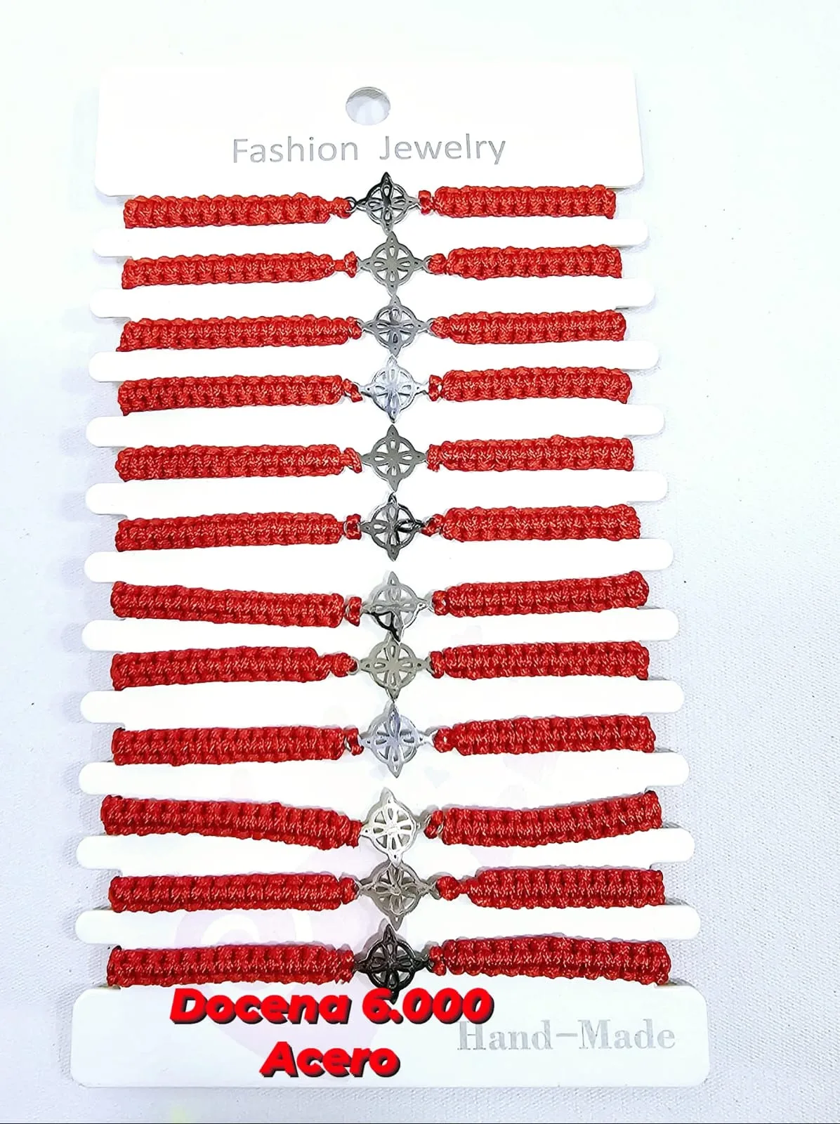 Pack 12 Pulsera Nudo de Bruja en Acero Inoxidable con Tejido Macramé Ancho en Hilo Rojo