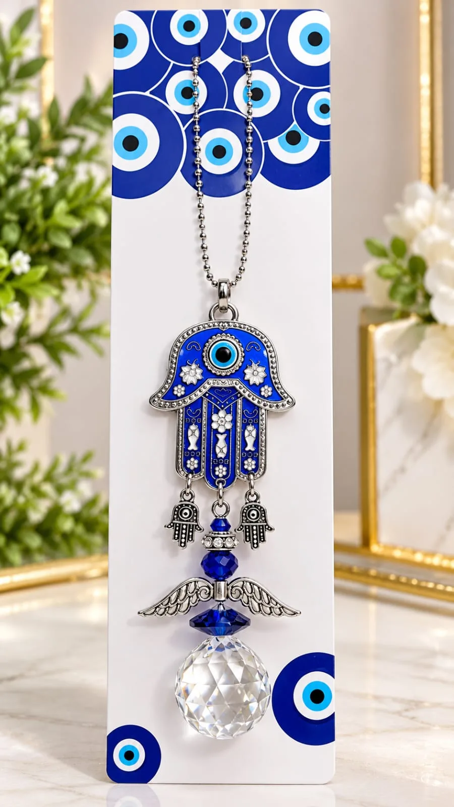 Colgante Mano de Fátima Azul con Alas y Esfera de Cristal