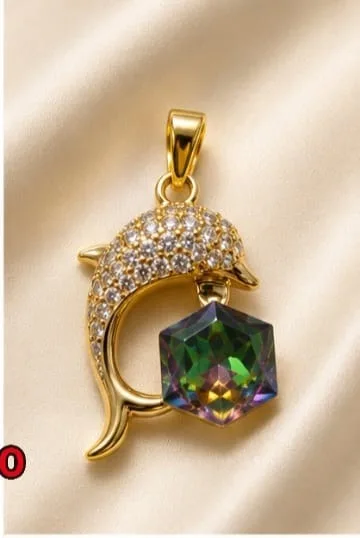 Colgante en Rodio - Delfin con piedra hexagonal multicolor