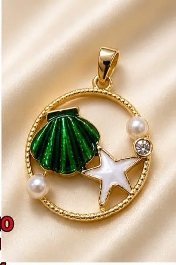 Colgante en Rodio - Circulo con concha verde, estrella blanca y perlas