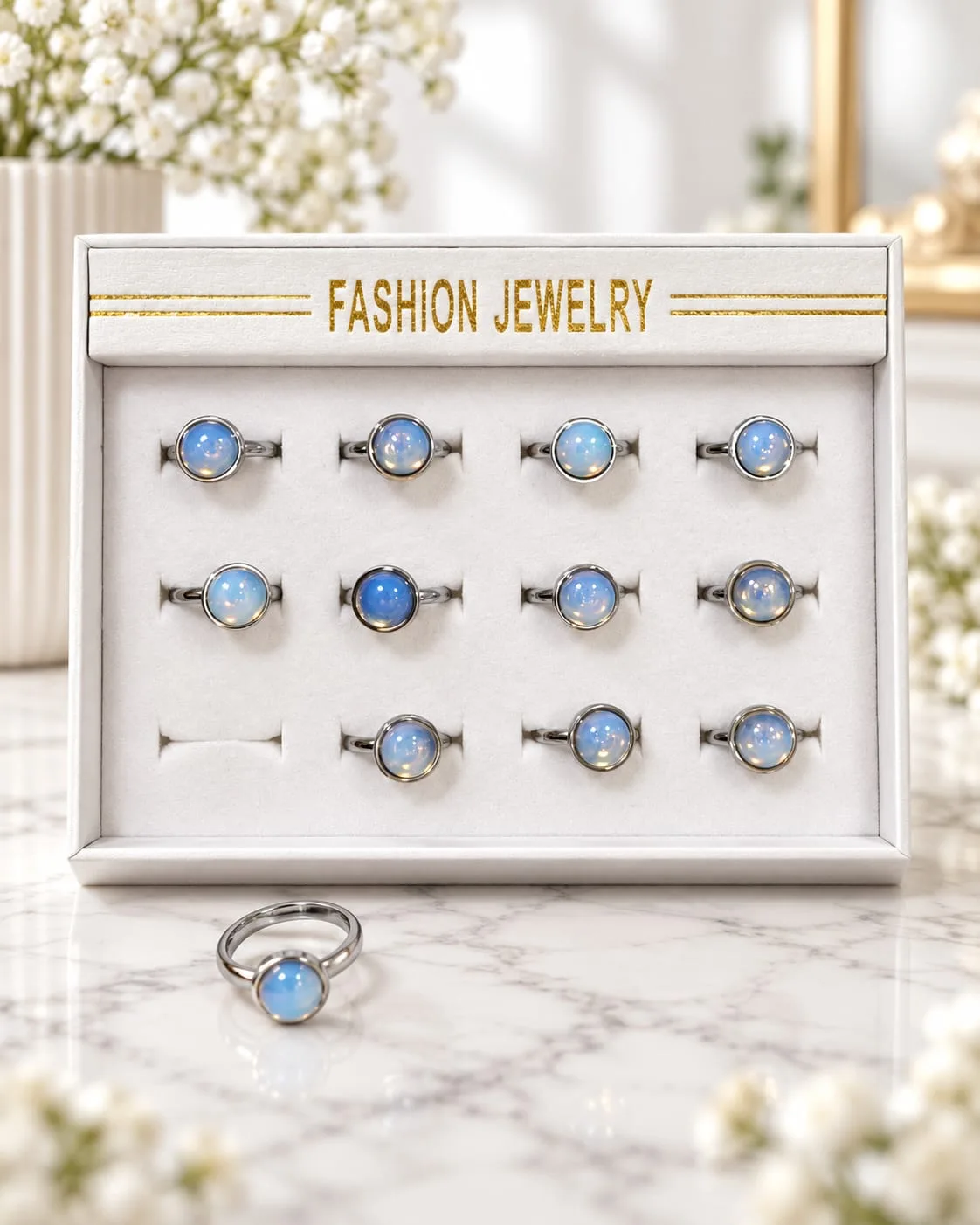 Caja de Anillos Ajustables de Acero con Opalina