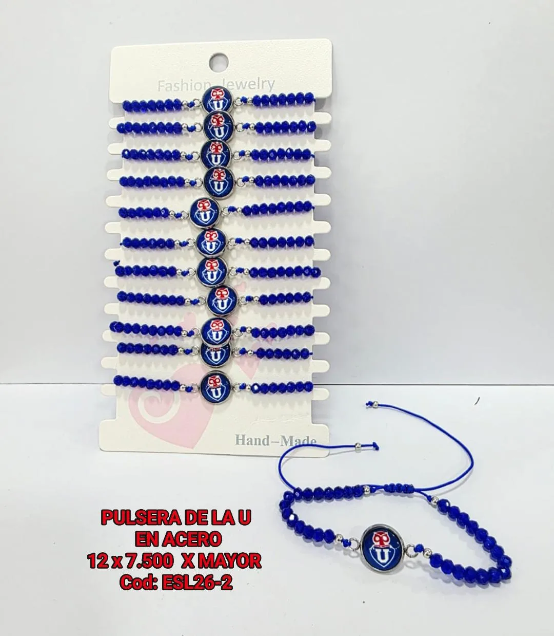 Pack 12 Pulsera Futbolera Universidad de Chile en Hilo Azul con Cristales Facetados y Dije Circular de Acero